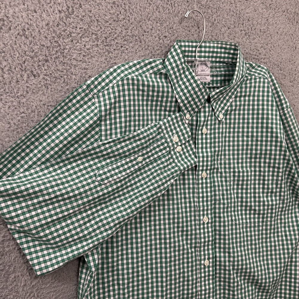 Brooks Brothers Shirt Mens Large Green White Check‎ Plaid Cotton Button Down
